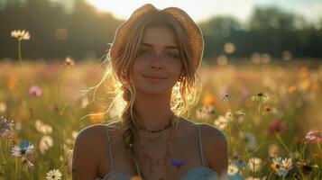 AI generated Woman Wearing Hat Standing in Field of Flowers photo