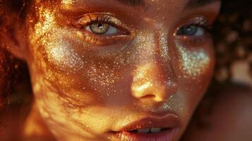 AI generated Womans Face Covered in Gold Glitter photo