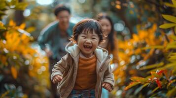 ai generado joven niño corriendo mediante bosque con naranja flores foto