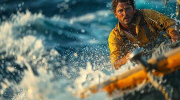 ai generado hombre en un barco en un lago foto