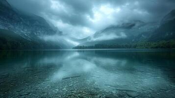 AI generated A Body of Water Surrounded by Mountains Under a Cloudy Sky photo