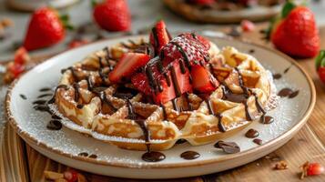 AI generated Decadent Waffle With Strawberries and Chocolate Topping photo