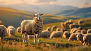 AI generated Sheep on a green meadow in the mountains at sunset. photo