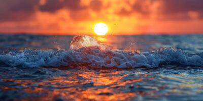 AI generated Beautiful sunset on the sea with waves and splashes of water photo