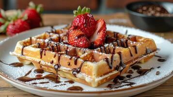 AI generated Decadent Waffle With Strawberries and Chocolate Topping photo