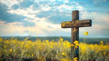 ai generado antiguo de madera cruzar en un campo de amarillo flores a puesta de sol. cruzar en un antecedentes de amarillo flores foto