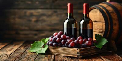 AI generated Bottles of red wine and grapes on wooden table photo