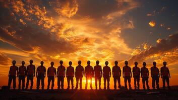 AI generated Silhouettes of united team standing against vibrant sunset sky, representing teamwork, unity and success photo