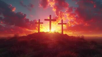 AI generated Crosses of Jesus Christ at sunset. photo