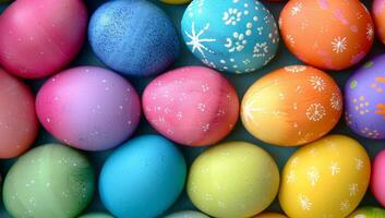 AI generated Colorful Easter eggs background. Close up of painted and decorated Easter eggs in pastel colors. photo