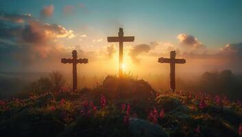 ai generado Tres de madera cruces en un colina a puesta de sol foto