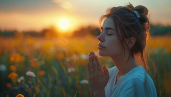 AI generated Young woman praying in a field of flowers at sunset. photo