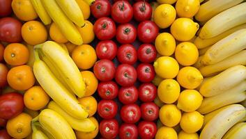 ai generado Fresco clasificado frutas incluso manzanas, plátanos, y naranjas vistoso y sano Fruta variedad. concepto de nutrición, equilibrado dieta, y natural alimento. foto