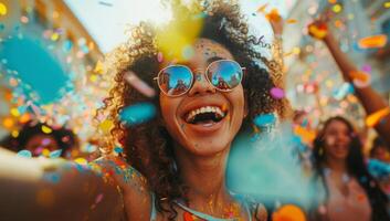 ai generado contento joven mujer tomando selfie con papel picado en el ciudad foto