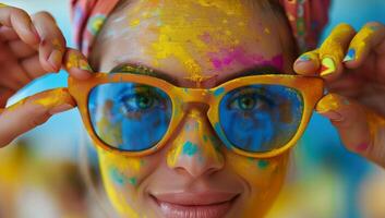 ai generado joven mujer cubierto en vistoso polvo celebrando holi festival. foto