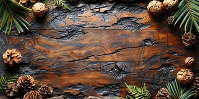 AI generated Pine cones and fir branches frame a rustic wooden background photo