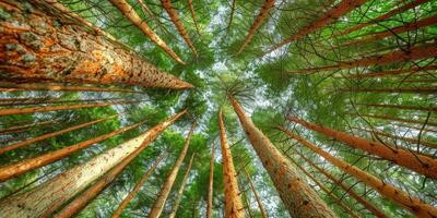 ai generado pino arboles en el bosque, panorámico ver desde abajo foto