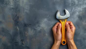 AI generated Wrench in the hands of a worker on a gray background. photo