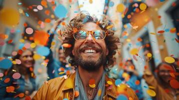 AI generated man Wearing Glasses Surrounded by Confetti photo