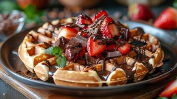 AI generated Plate of Waffles Topped With Chocolate and Strawberries photo