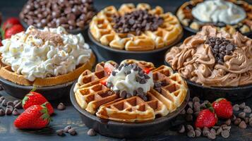 AI generated Table Topped With Waffles Covered in Chocolate Chips and Whipped Cream photo