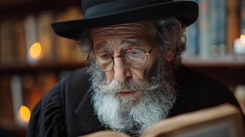 ai generado hombre con sombrero y lentes leyendo un libro foto