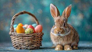 AI generated Rabbit Sitting Next to Basket of Eggs photo