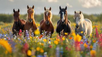 ai generado grupo de caballos en pie en campo de flores foto