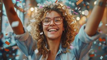 ai generado mujer vistiendo lentes rodeado por papel picado foto