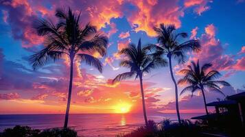 AI generated Stunning Sunset Over Ocean With Palm Trees photo