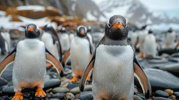 ai generado grupo de pingüinos en pie en rocoso playa foto