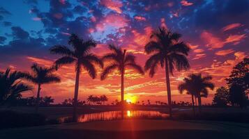 AI generated Stunning Sunset Over Ocean With Palm Trees photo