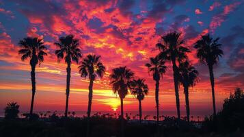 ai generado maravilloso puesta de sol terminado Oceano con palma arboles foto