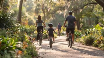 ai generado familia montando bicicletas abajo suciedad la carretera foto