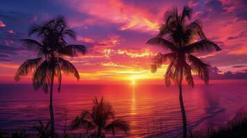 AI generated Stunning Sunset Over Ocean With Palm Trees photo