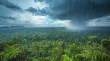 ai generado gigante nube flotando encima lozano verde bosque foto