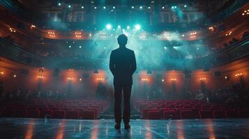 AI generated Man Standing in Front of Auditorium With Red and Blue Lights photo