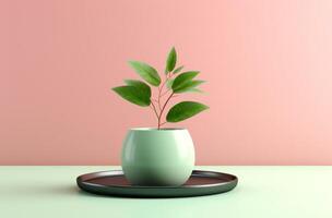 AI generated green flower pot in pink background with green leaf photo
