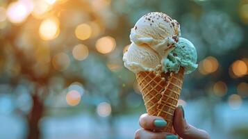 AI generated Hand Holding Ice Cream Cone With Toppings photo