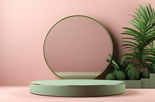 ai generado verde productos cosméticos pedestal en rosado pared con un verde planta en antecedentes foto