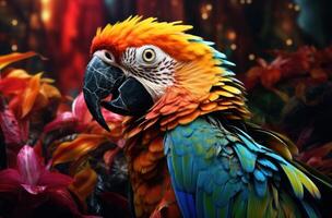 AI generated a parrot sitting near tropical leaves photo