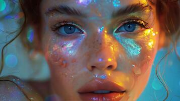 AI generated Woman With Blue Eyes and Glitter on Face photo