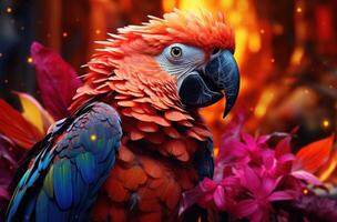 ai generado un loro sentado cerca tropical hojas foto