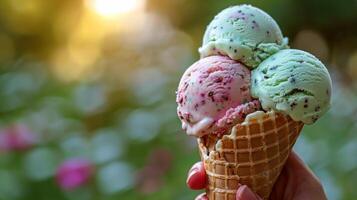 AI generated Hand Holding Ice Cream Cone With Toppings photo