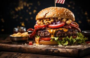 ai generado hamburguesa en el mesa con americano bandera a el lado foto