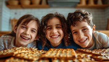 AI generated Joyful children enjoying homemade cookies, sweet family moments photo