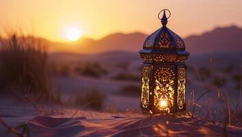 AI generated Lantern in the desert at sunset. Ramadan Kareem background photo