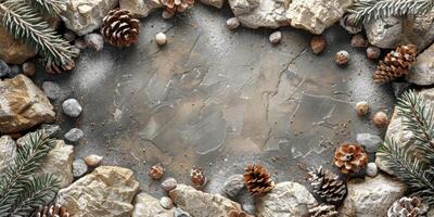 AI generated Christmas background with fir branches, cones and stones. Top view with copy space photo