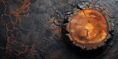 AI generated Wooden log with cracks on a dark background, top view. photo