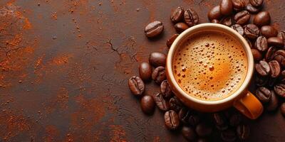 AI generated Cup of coffee with beans on brown background, top view. Space for text photo